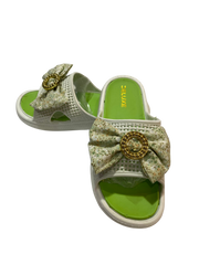 DELUXE Floral Bow Slide Sandals - White & Green