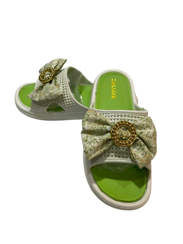 DELUXE Floral Bow Slide Sandals - White & Green