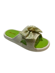 DELUXE Floral Bow Slide Sandals - White & Green