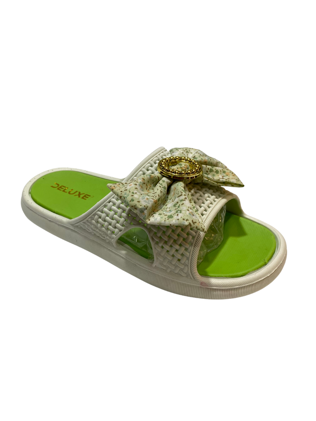 DELUXE Floral Bow Slide Sandals - White & Green