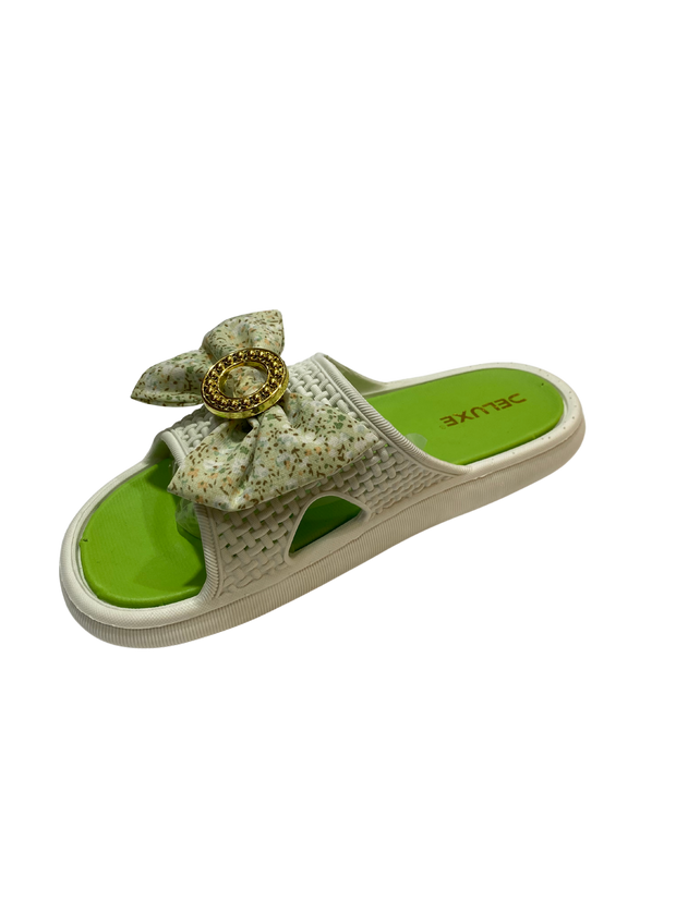 DELUXE Floral Bow Slide Sandals - White & Green