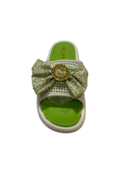 DELUXE Floral Bow Slide Sandals - White & Green