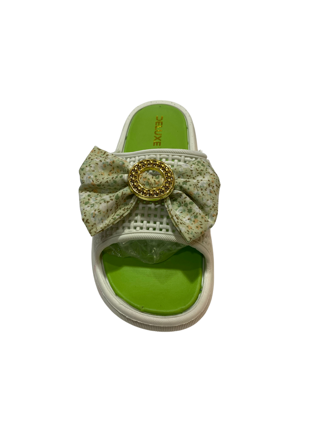 DELUXE Floral Bow Slide Sandals - White & Green